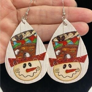 LAST 2 PAIR!! Christmas snowman faux leather teardrop earrings 3” drop dangle
